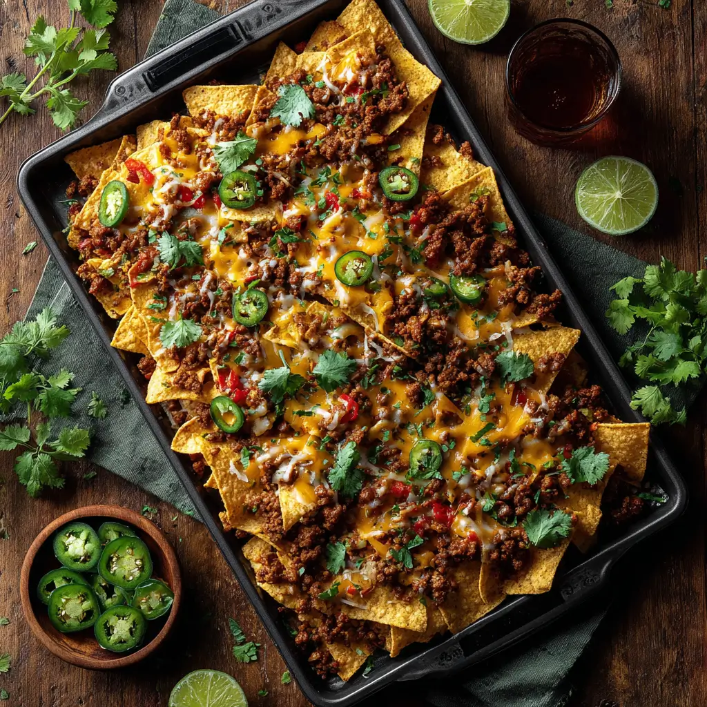 Sheet pan of loaded beef nachos fresh from oven