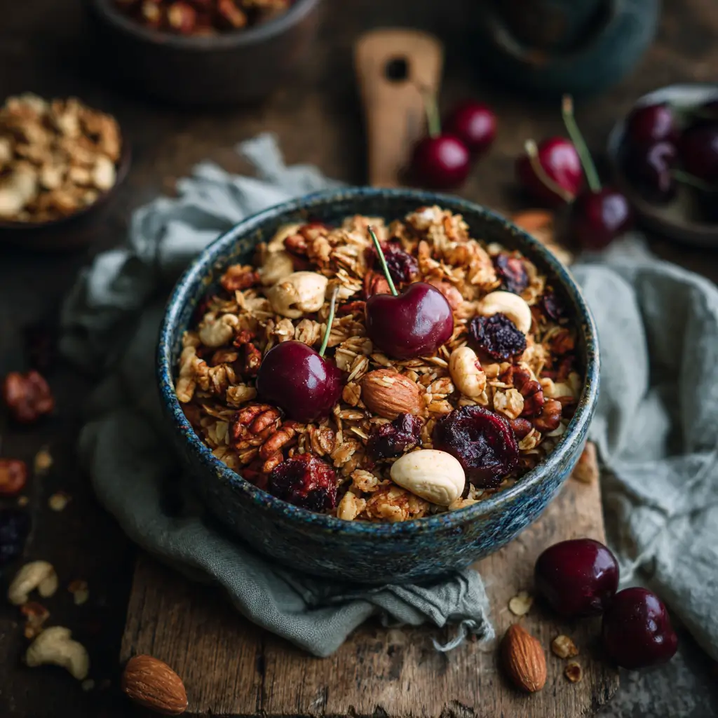 Bowl of baked Breakfast Granola with nuts and cherries