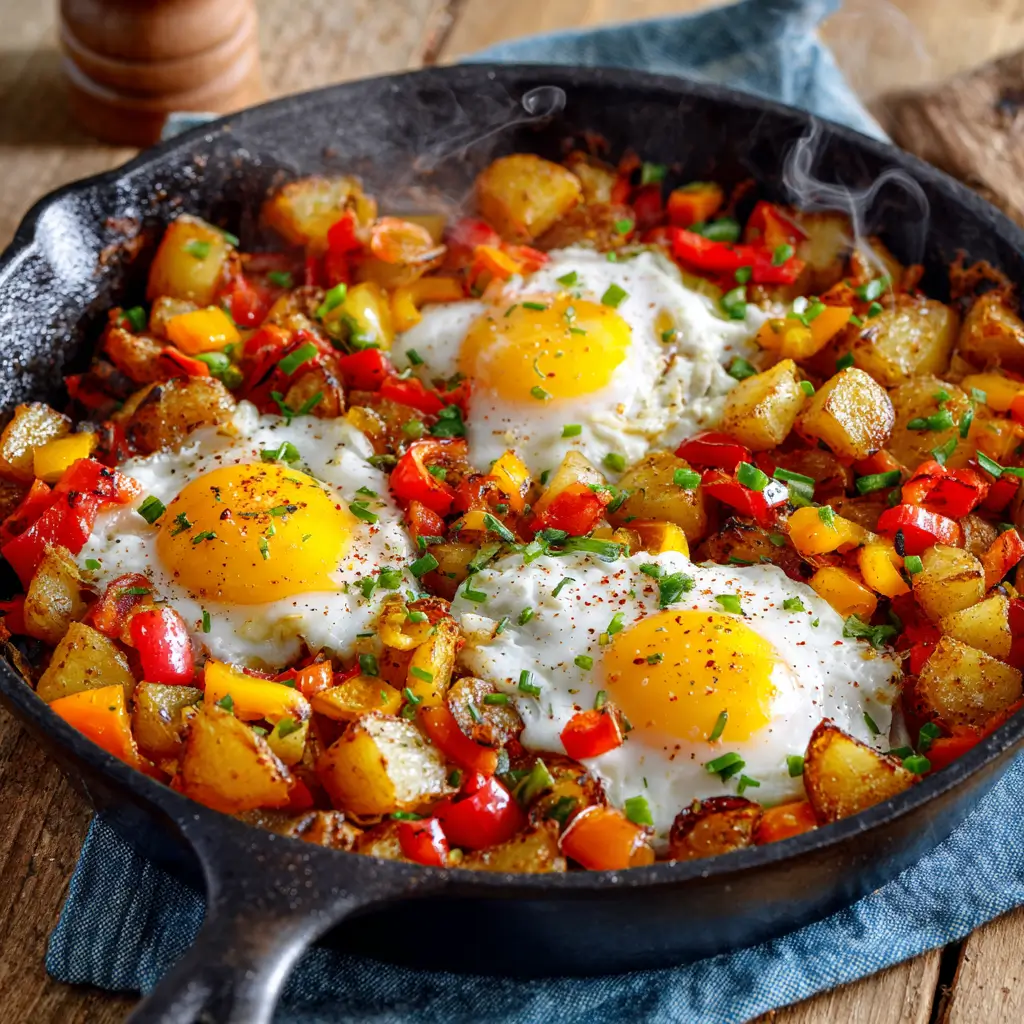 Skillet of breakfast spuds with eggs and peppers