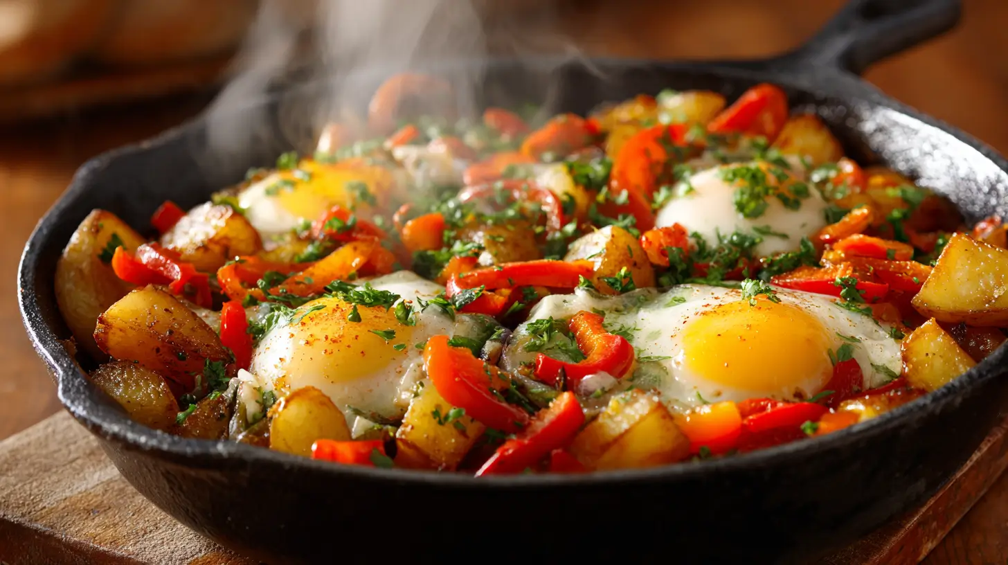 Skillet of breakfast spuds with eggs and peppers