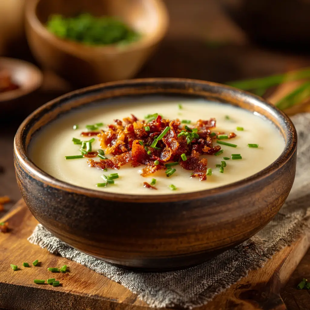 Bowl of homemade potato soup with bacon and chives