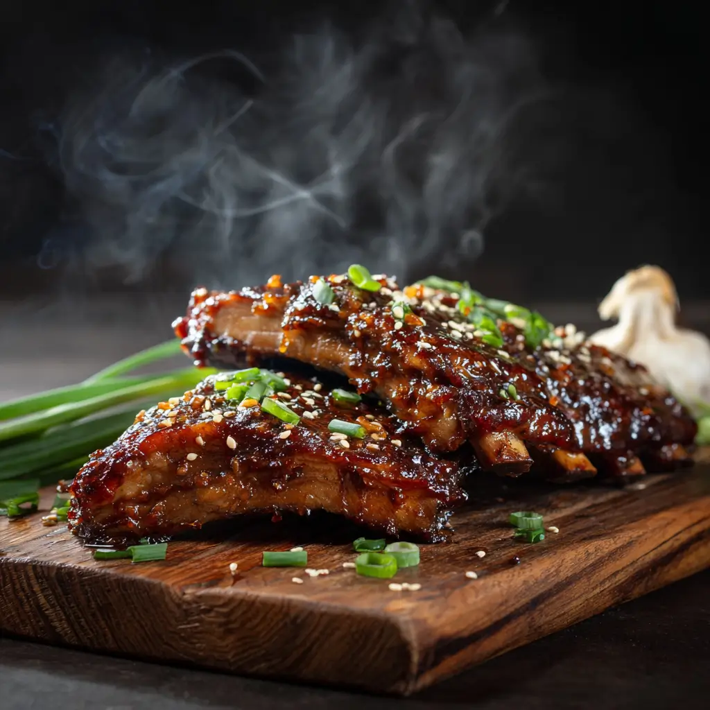Sticky garlic ribs glazed with sauce, garnished with sesame seeds and green onions