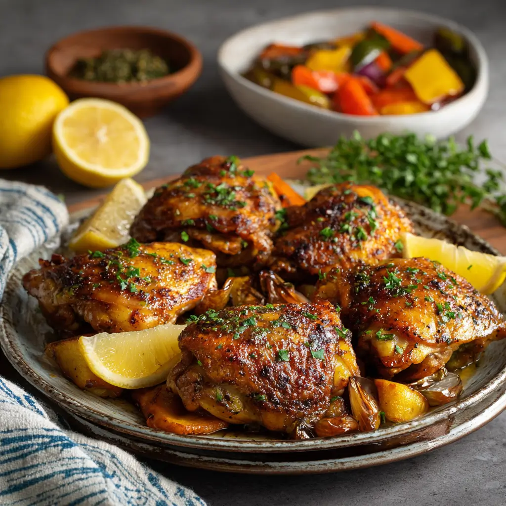Oven-roasted chicken thighs garnished with herbs and lemon