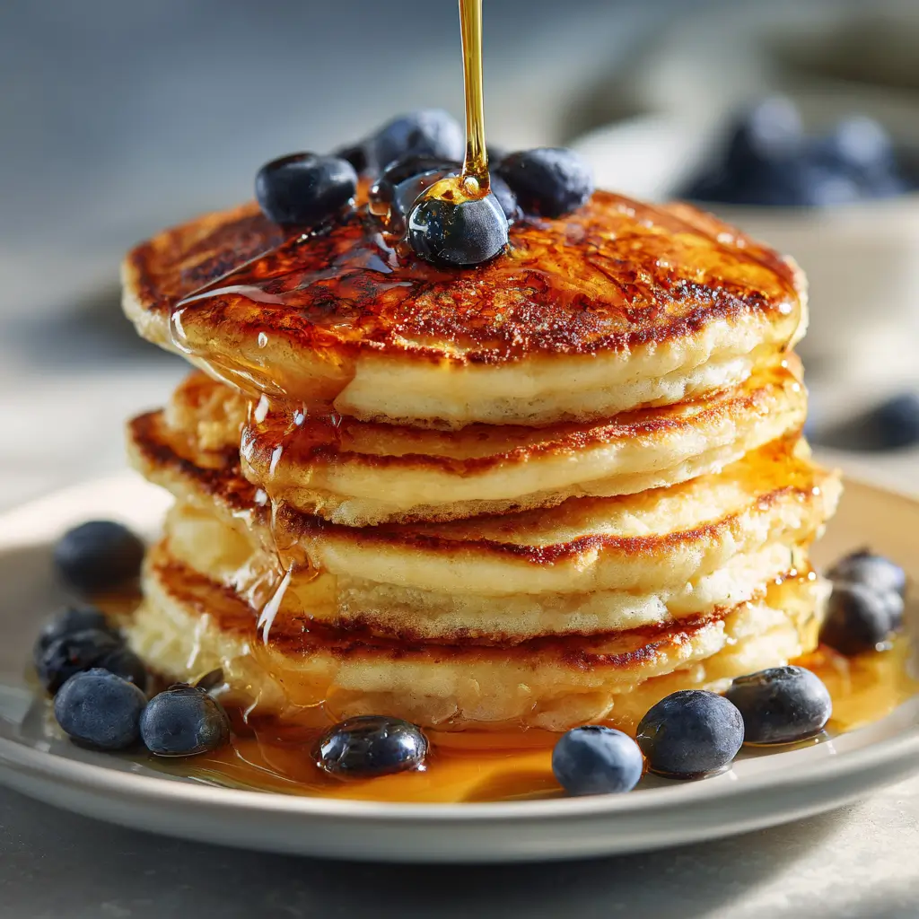 Stack of fluffy protein pancakes with maple syrup and blueberries