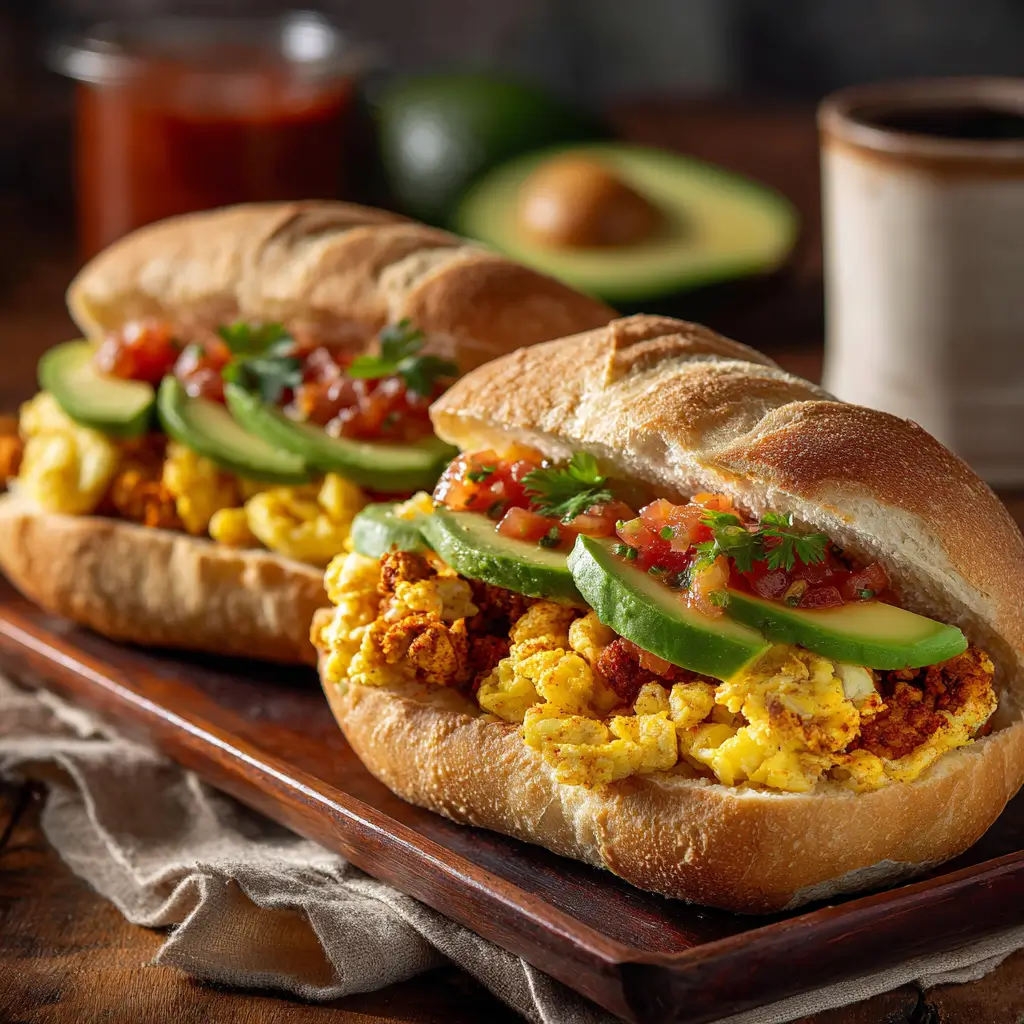 Mexican breakfast tortas with chorizo, eggs, and avocado on toasted bolillo bread