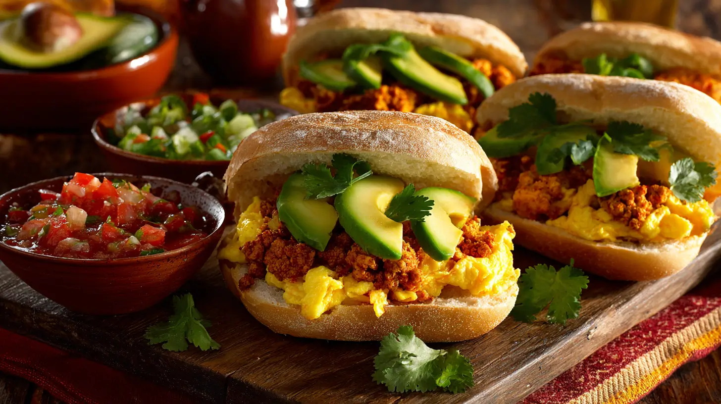 Mexican breakfast tortas with chorizo, eggs, and avocado on toasted bolillo bread