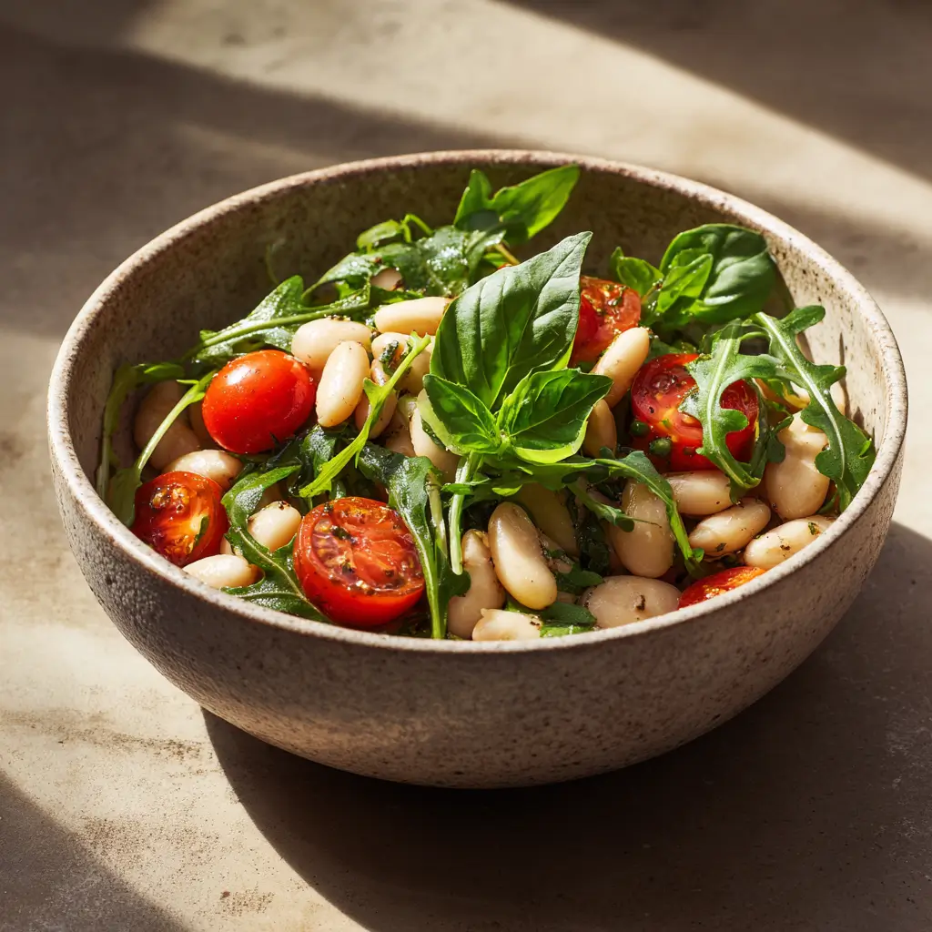 Bowl of vibrant white bean arugula salad