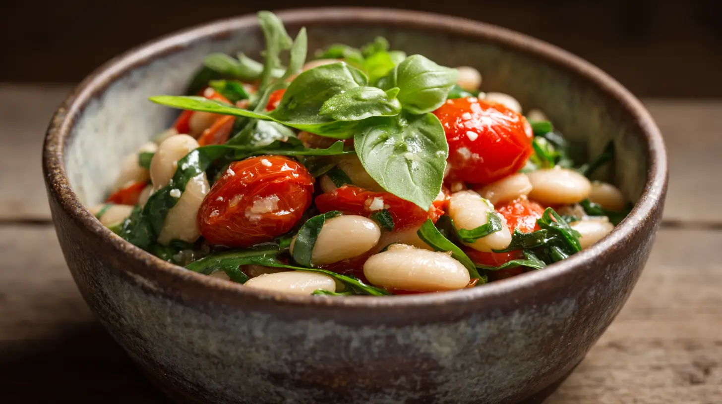 Bowl of vibrant white bean arugula salad