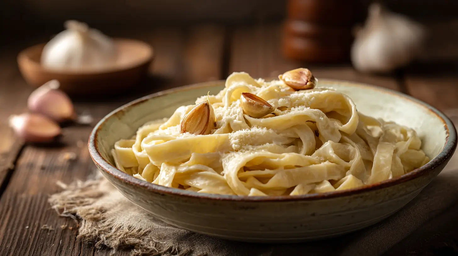 Bowl of fettuccine with roasted-garlic cottage-cheese alfredo sauce