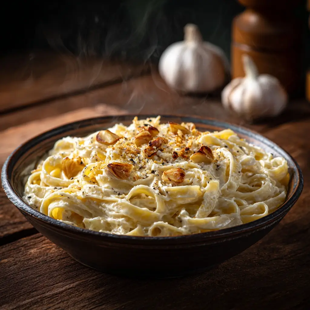 Bowl of fettuccine with roasted-garlic cottage-cheese alfredo sauce