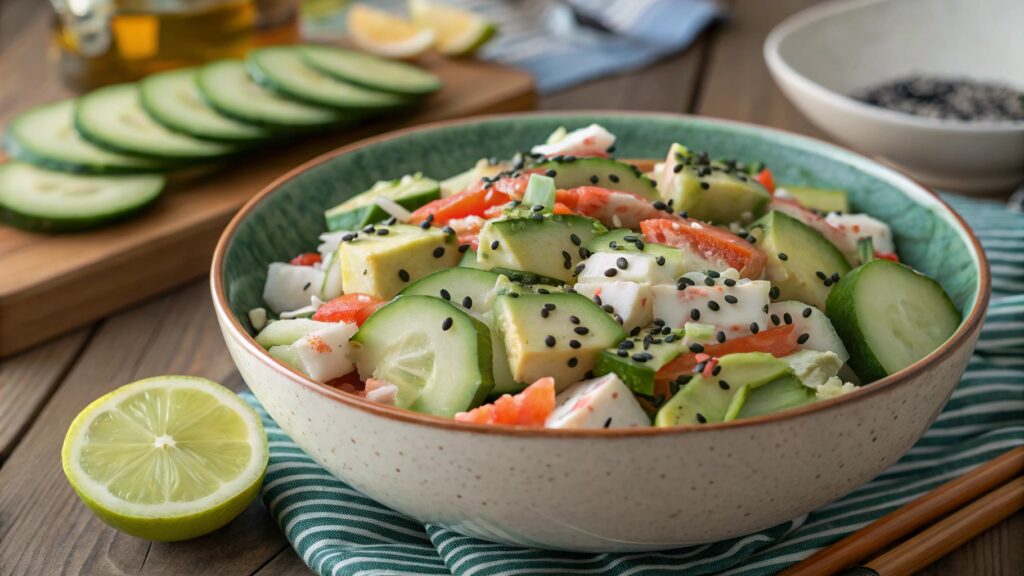 California Roll Cucumber Salad in a bowl