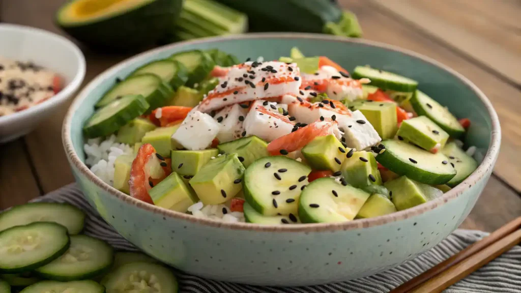 California Roll Cucumber Salad in a bowl