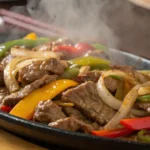 Close-up of Chinese Pepper Steak with Onions.