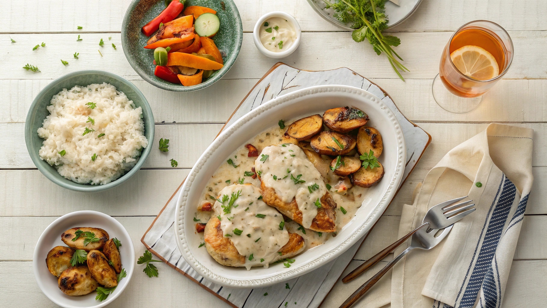 Overhead view of Creamy Ranch Chicken with side dishes on a rustic dinner table.