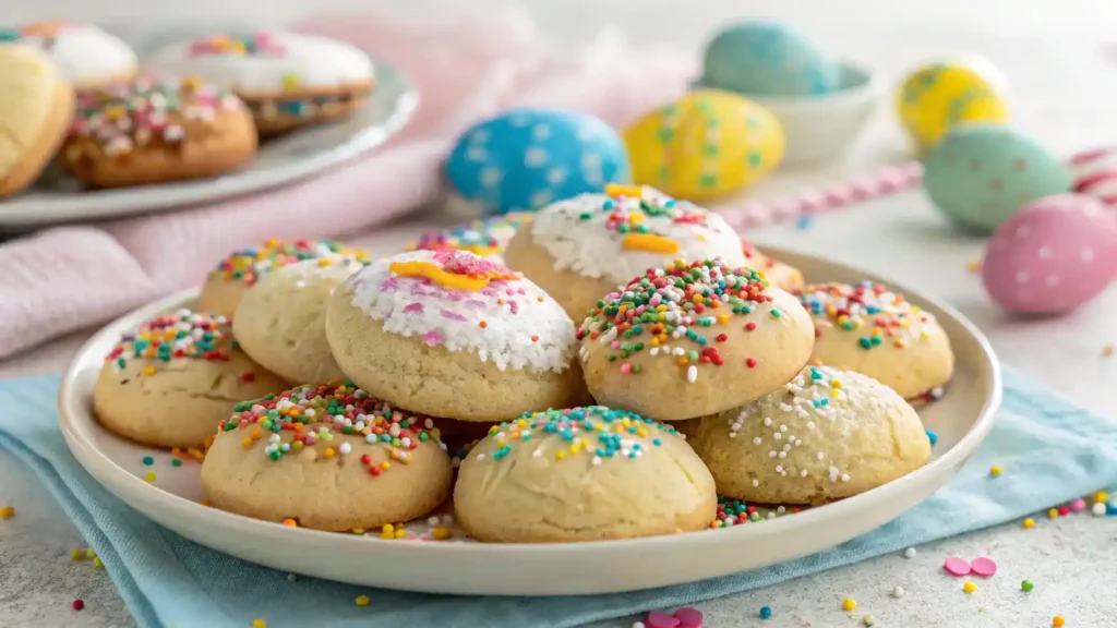 A plate of ITALIAN EASTER COOKIES decorated with sprinkles.