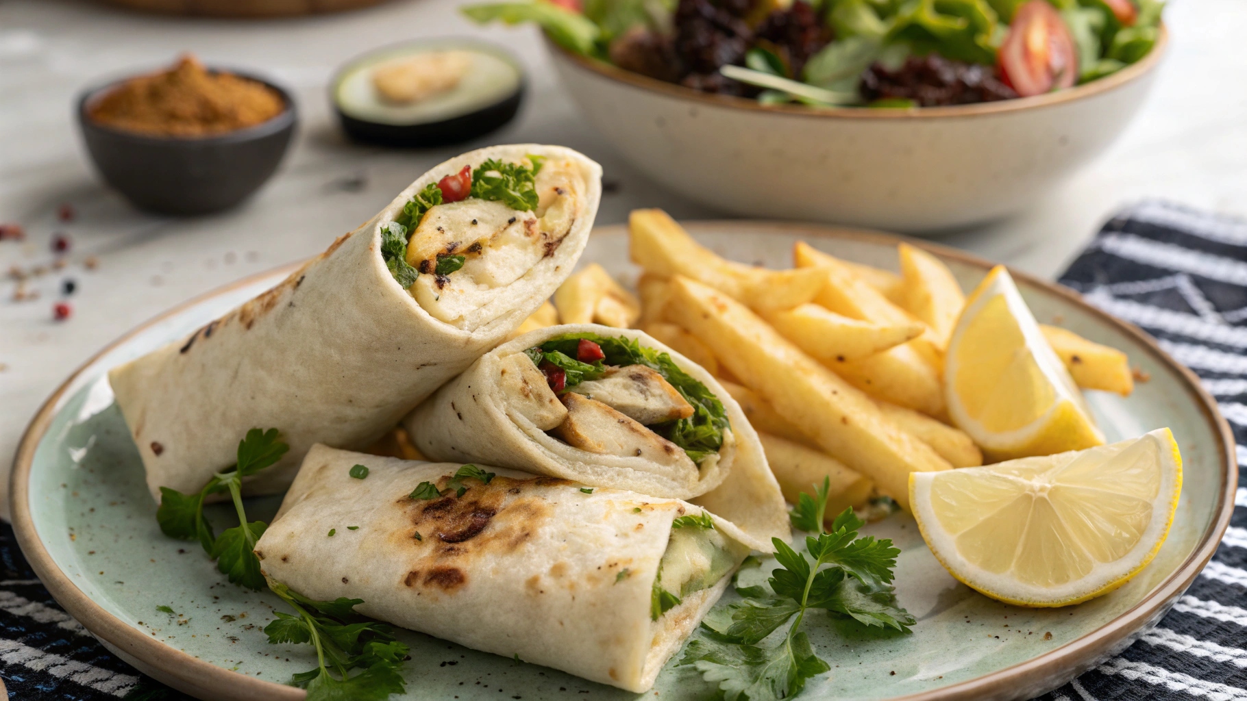 Cheesy Garlic Chicken Wraps served with sweet potato fries and a garden salad.