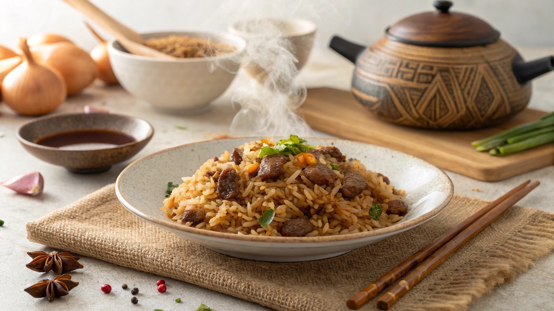 A plate of onion beef fried rice on a rustic wooden table with chopsticks beside it.