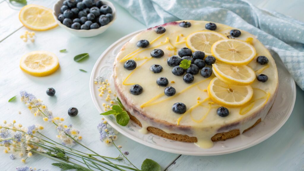 Top view of Blueberry Lemonade Buttermilk Cake with glaze and fresh toppings.