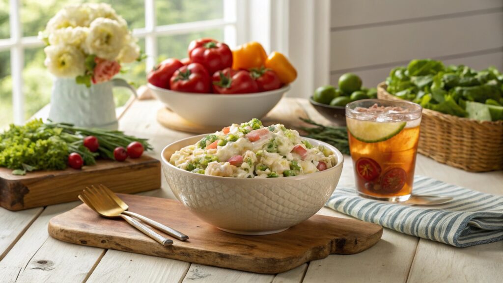 Rustic table with a big bowl of Classic Southern Pea Salad in a sunny farmhouse kitchen.