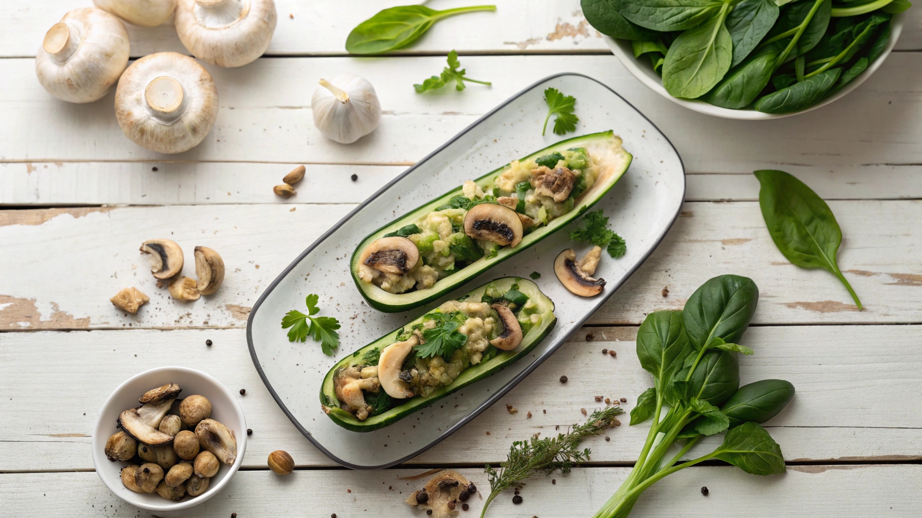 Flat lay of Spinach Mushroom Zucchini Boats with fresh ingredients on a wooden table.