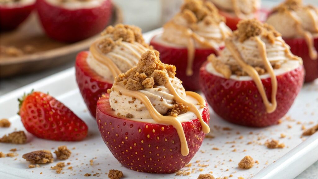 Bright and elegant Cookie Butter Cheesecake Stuffed Strawberries on a white plate.