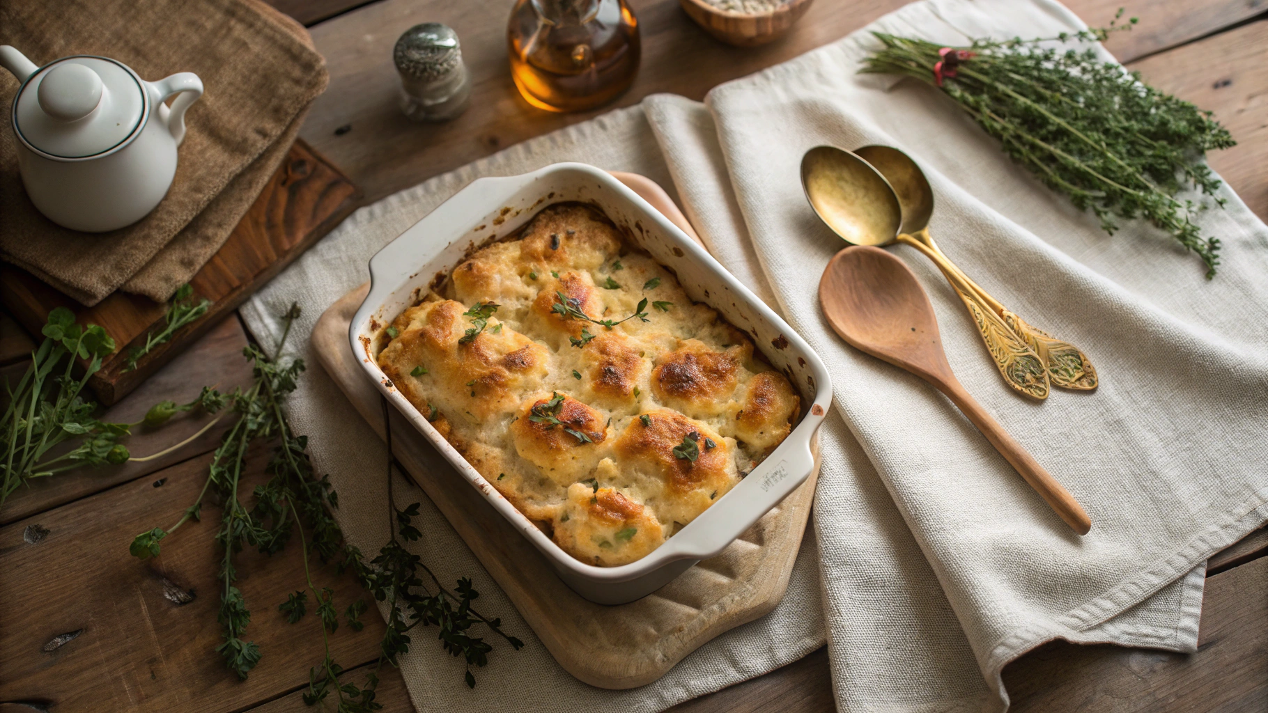 Freshly baked Chicken Cobbler Casserole in a rustic kitchen setting with cozy decor and herbs.