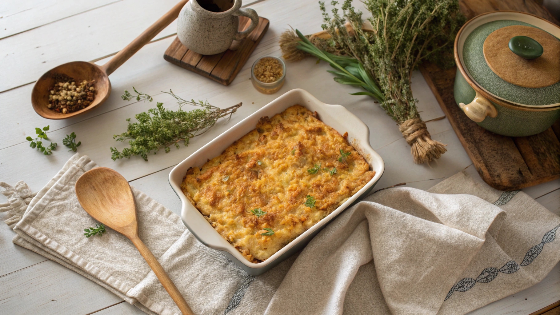 Overhead view of a freshly baked chicken hashbrown casserole on a cozy kitchen counter with rustic decor.