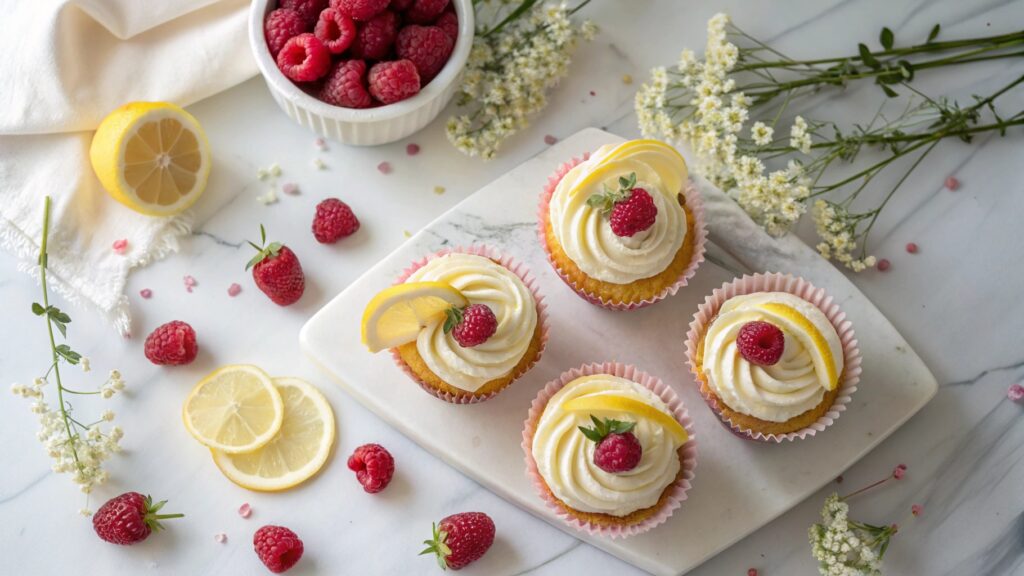 Elegant raspberry lemon cupcakes on a marble surface with raspberries and lemon slices.