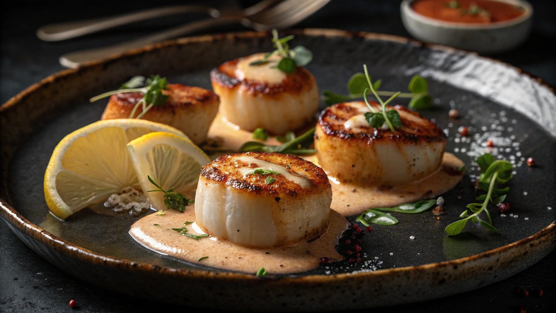Gourmet seared scallops with Cajun cream sauce on a rustic plate with herbs and lemon.