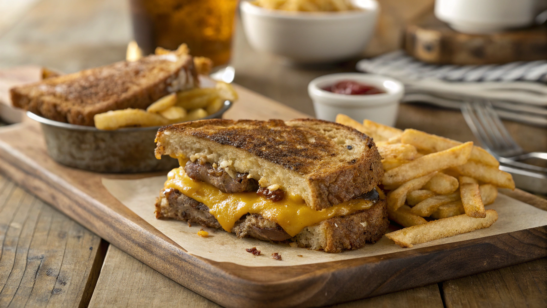 Classic patty melt with melted cheese and fries on a rustic table.