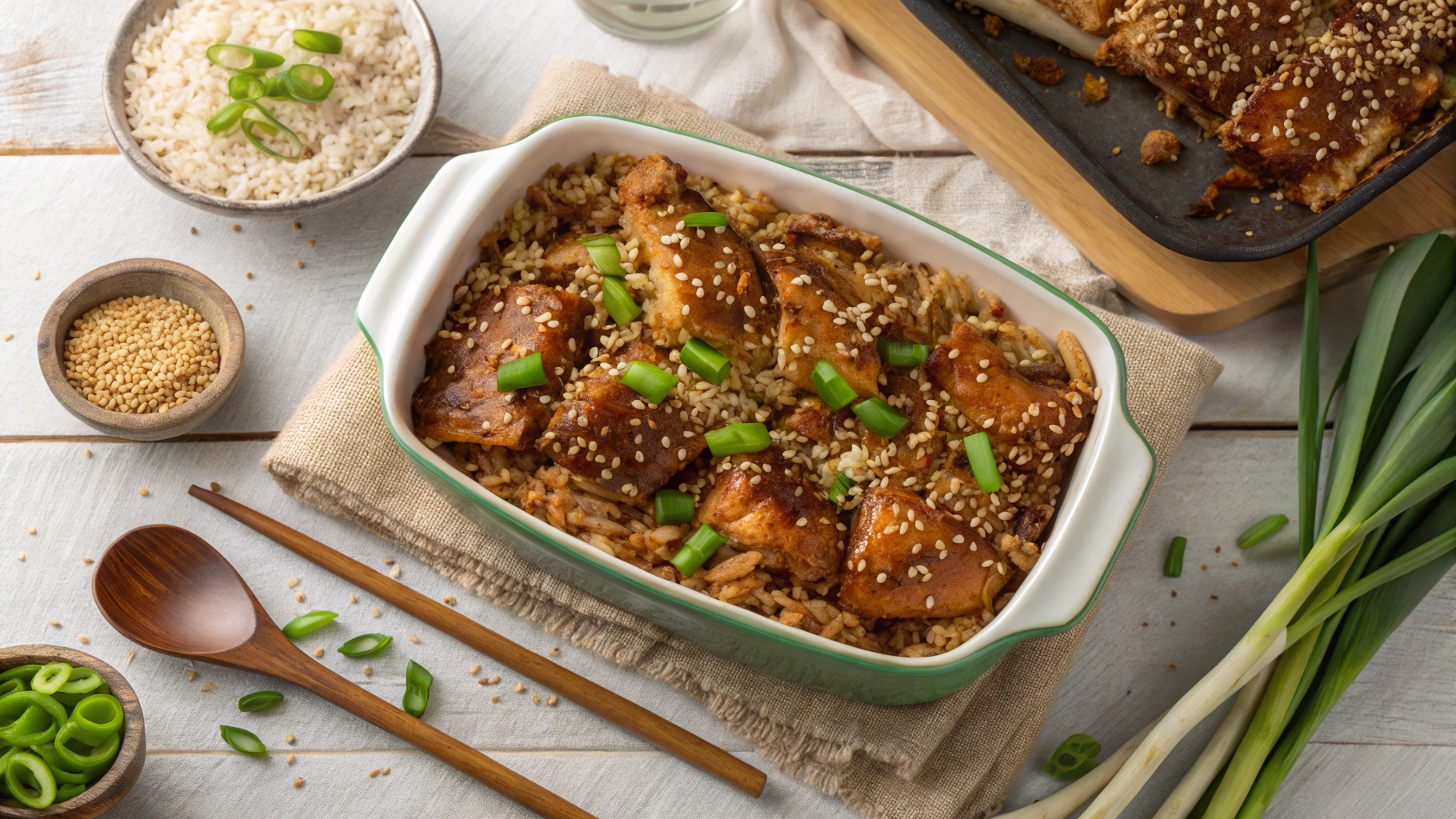 A featured shot of Teriyaki Chicken and Rice Casserole in a casserole dish, garnished with sesame seeds and green onions.