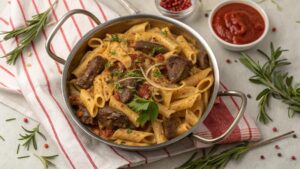 A bowl of One-Pot Beef and Cheddar Ranch Pasta garnished with cheese and herbs.