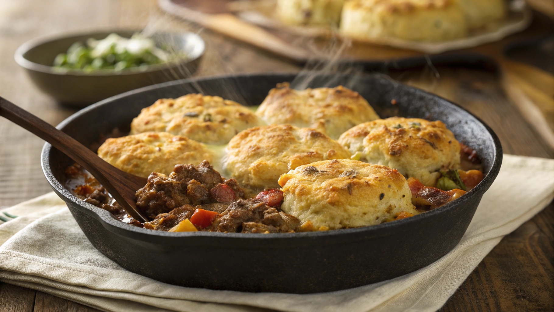 Cheddar Bay Ground Beef Cobbler in cast iron skillet with golden cheese crust
