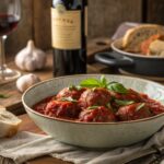 Rustic Italian table with oven-baked meatballs in marinara sauce.