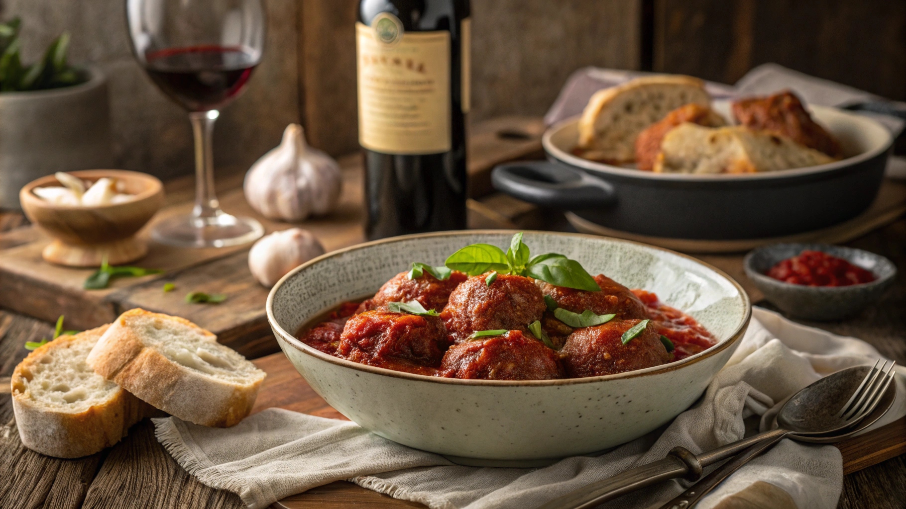 Rustic Italian table with oven-baked meatballs in marinara sauce.