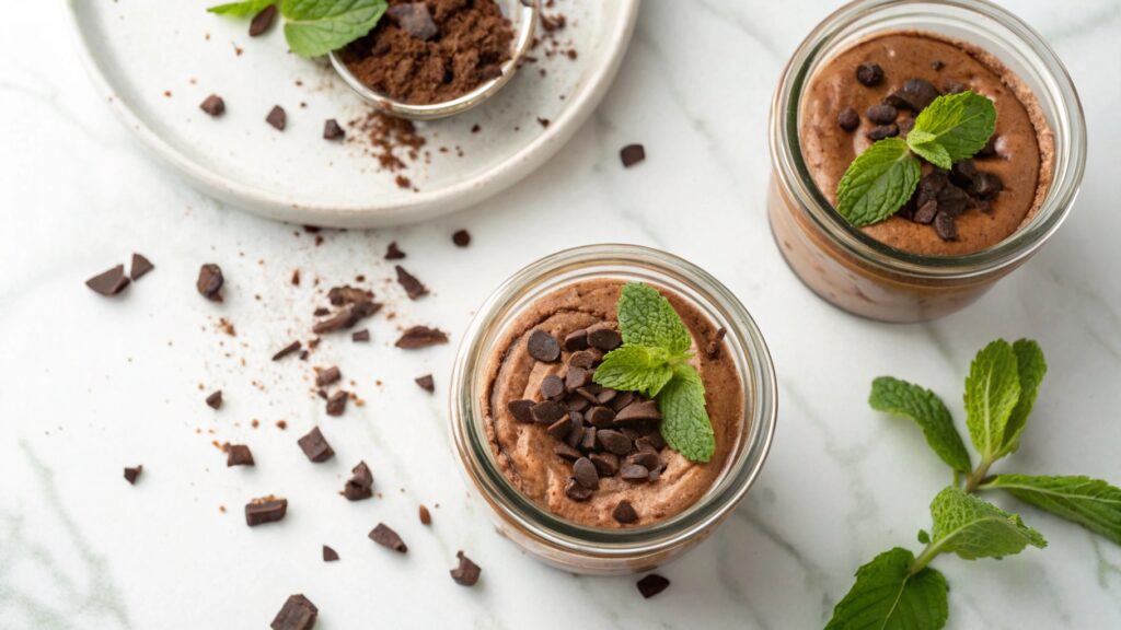 Top view of Vegan Chocolate Avocado Mousse in glass jars with chocolate shavings.