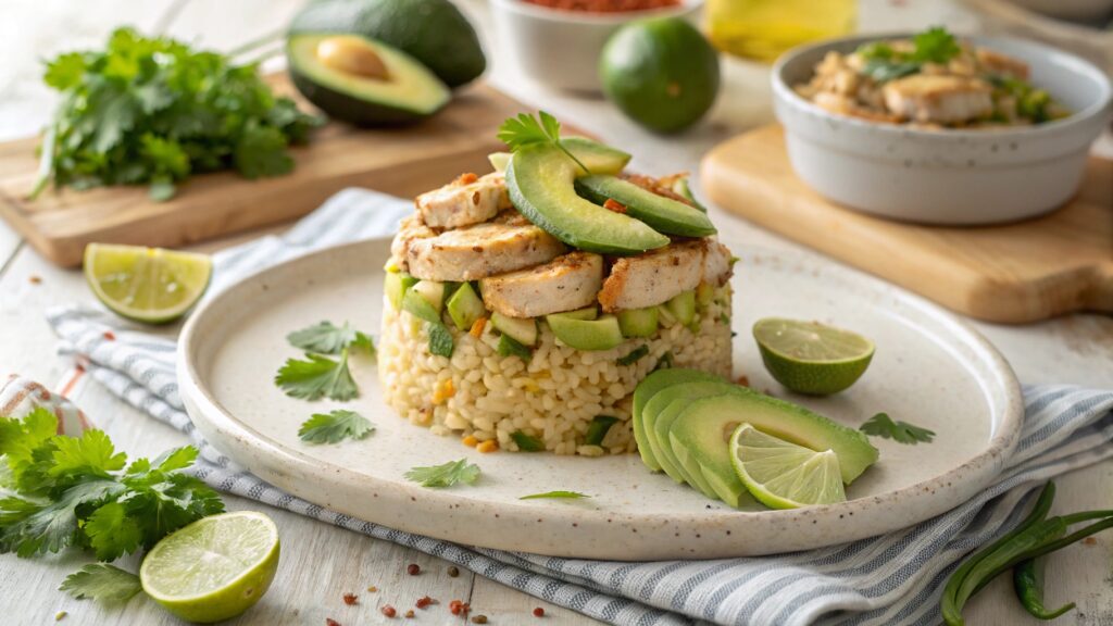 A vibrant Honey Lime Chicken & Avocado Rice Stack garnished with fresh herbs and lime.