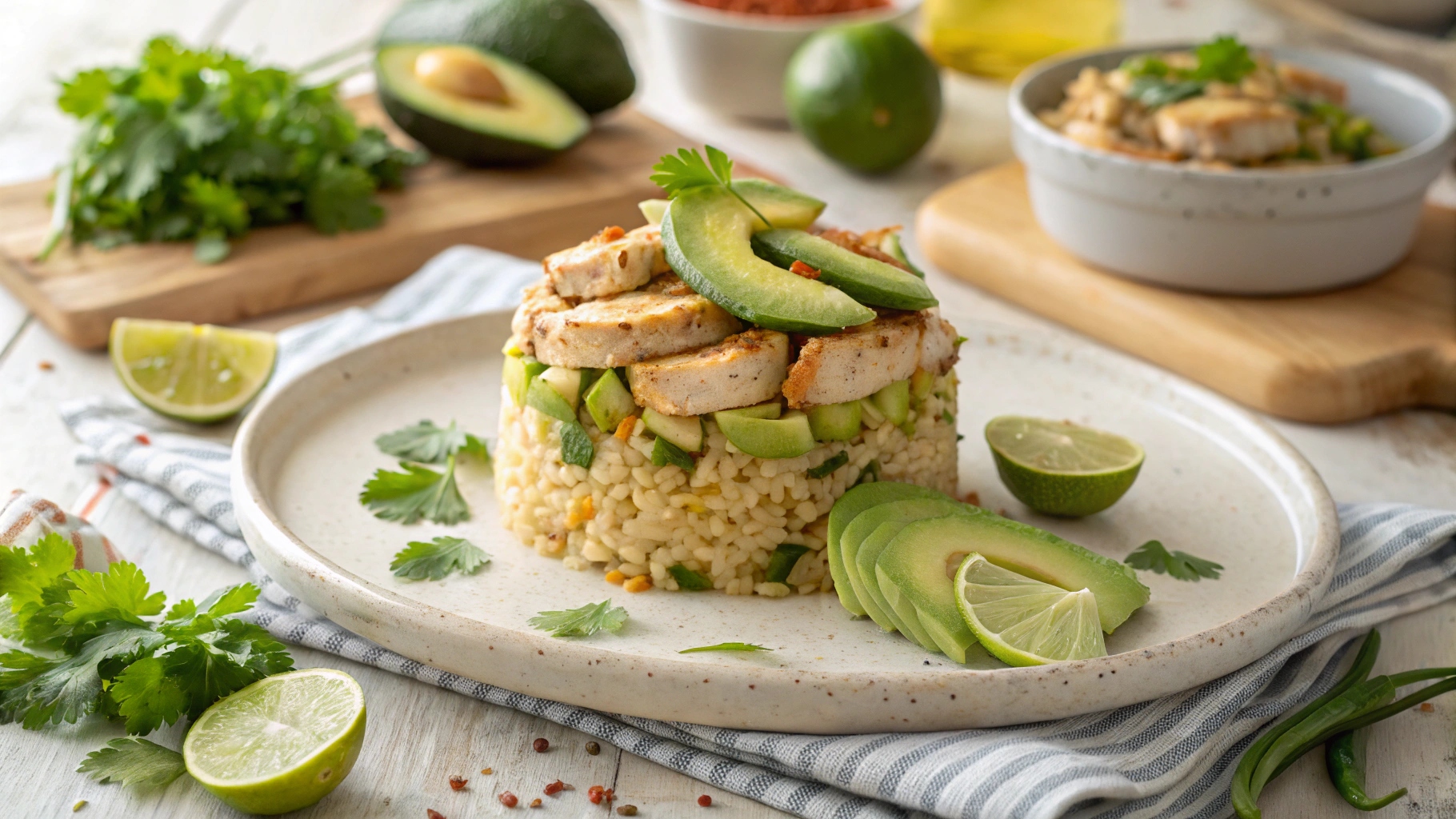 A vibrant Honey Lime Chicken & Avocado Rice Stack garnished with fresh herbs and lime.