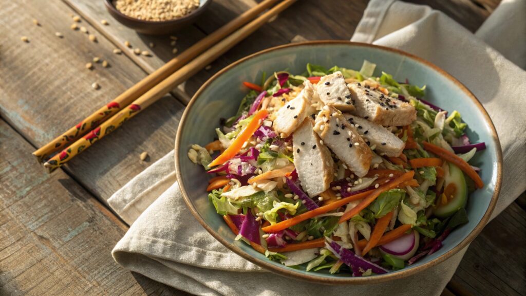 Fresh Chicken Coleslaw Salad with sesame dressing on a rustic table with chopsticks.