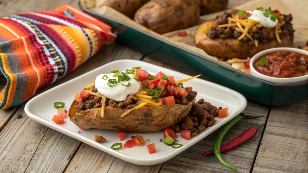 Top view of loaded Taco Potatoes with toppings on a rustic table.
