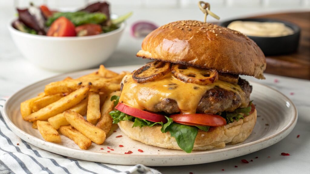 Delicious air fryer snash burger served with fries.