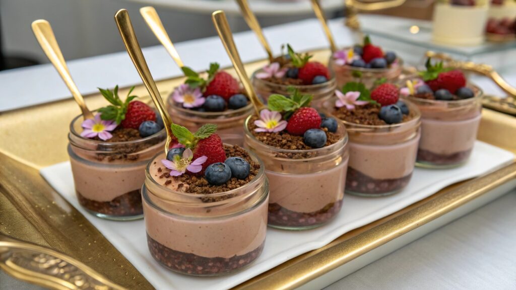 Dessert tray with beautifully served Vegan Chocolate Avocado Mousse and garnishes.