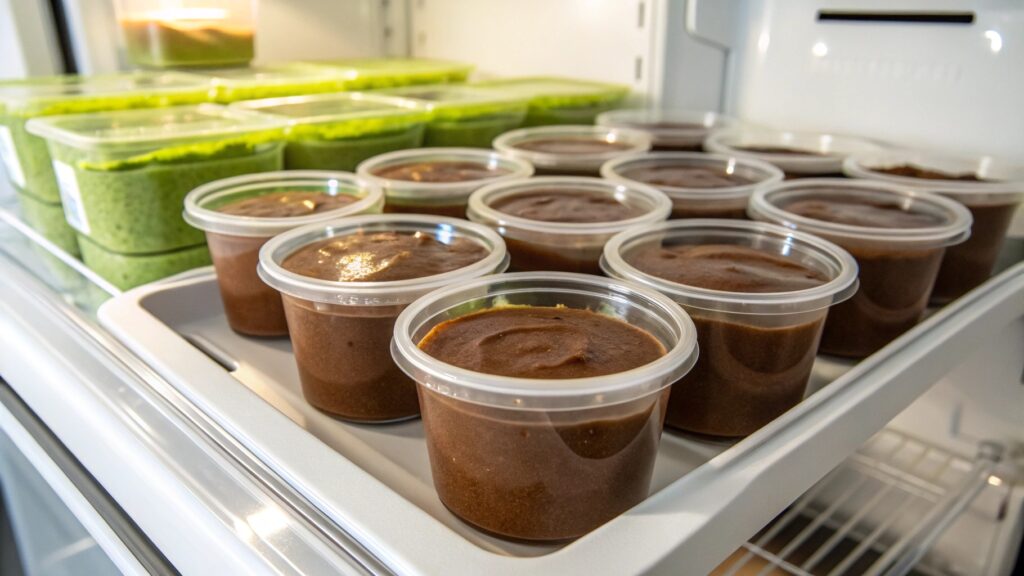 Vegan Chocolate Avocado Mousse stored in glass containers inside a refrigerator.