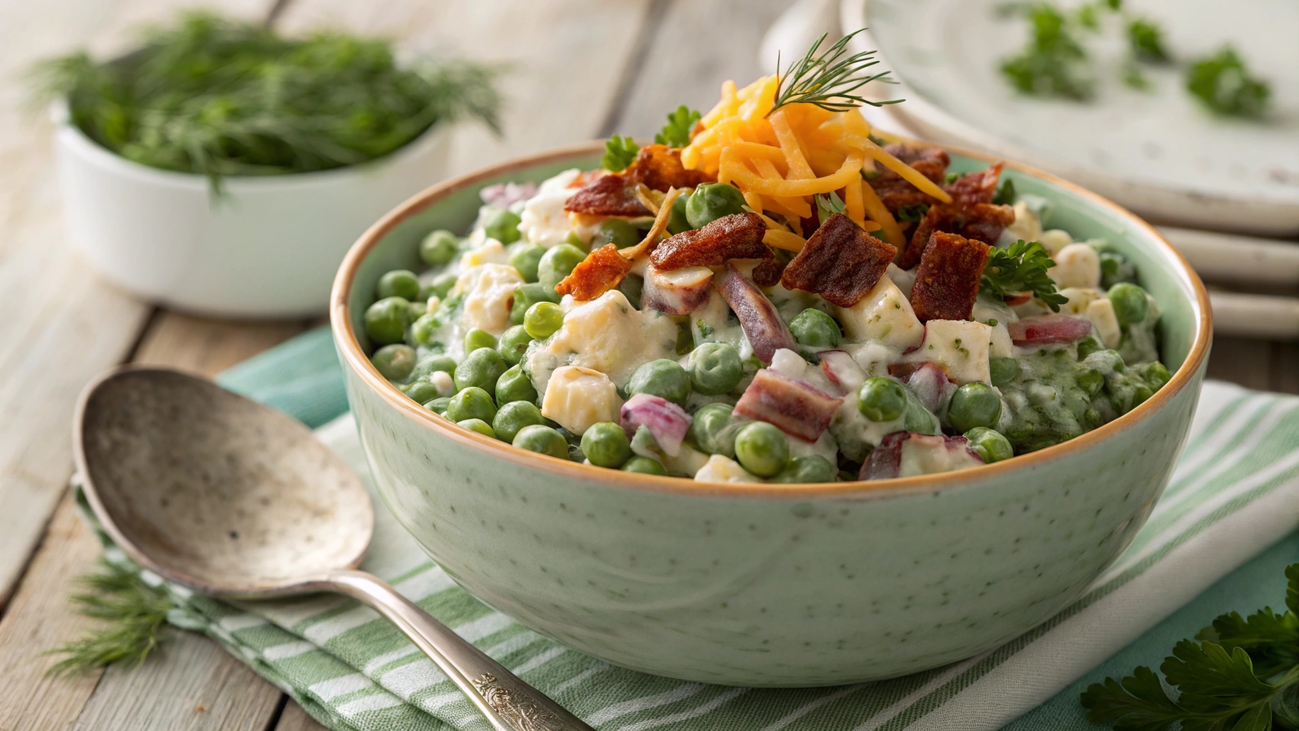 A bowl of Classic Southern Pea Salad with bright green peas, crispy bacon, shredded cheddar, chopped red onions, and creamy dressing, served in a rustic ceramic bowl on a wooden table.