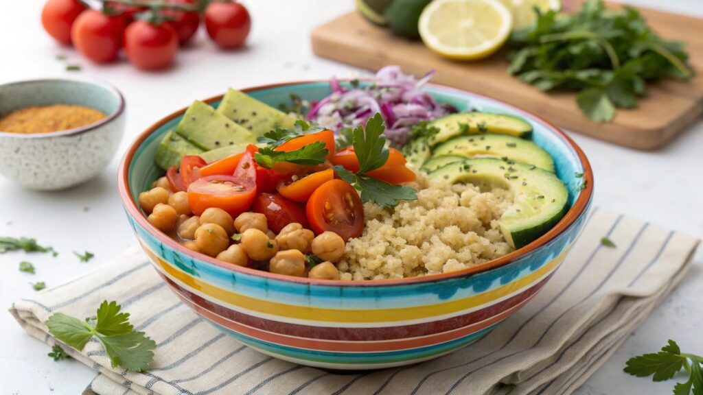 Colorful clean eating lunch bowl with quinoa and fresh vegetables