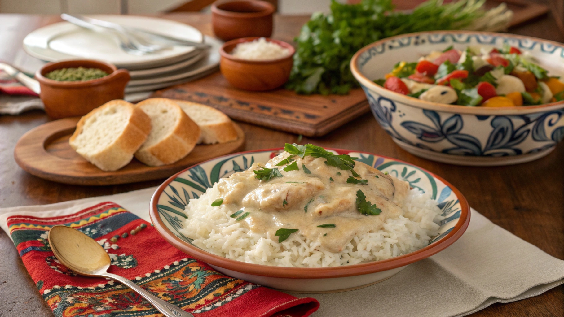 Dining table set with creamy smothered chicken and rice and side dishes.