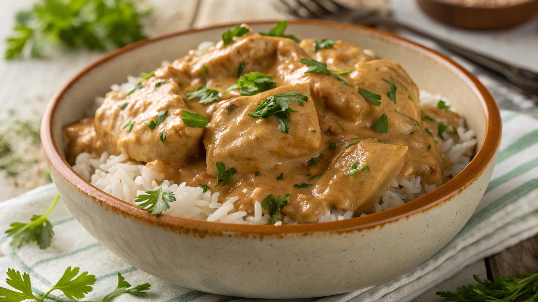 Close-up of creamy smothered chicken and rice with creamy sauce.