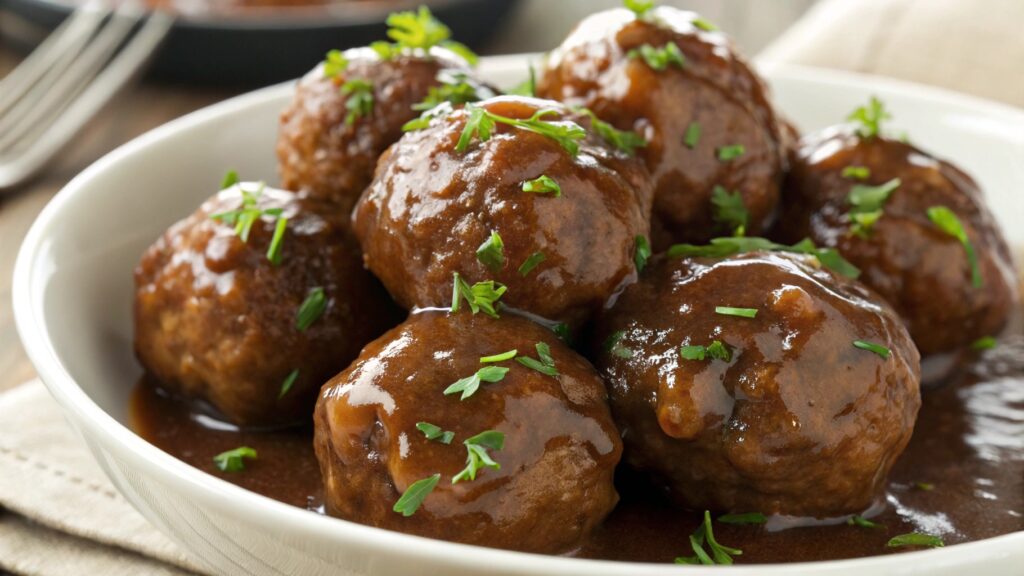 Close-up of Crockpot Salisbury Steak Meatballs