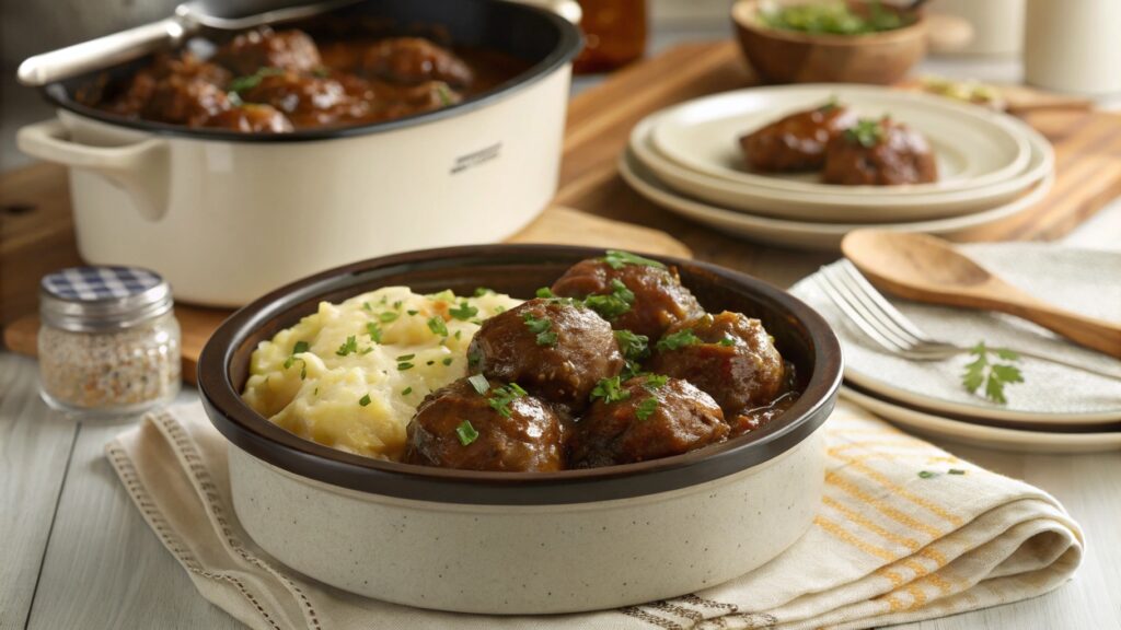 Crockpot Salisbury Steak Meatballs served with mashed potatoes