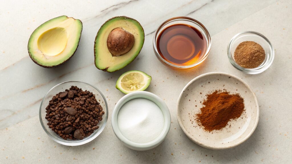 Ingredients for Vegan Chocolate Avocado Mousse laid out neatly on a countertop.